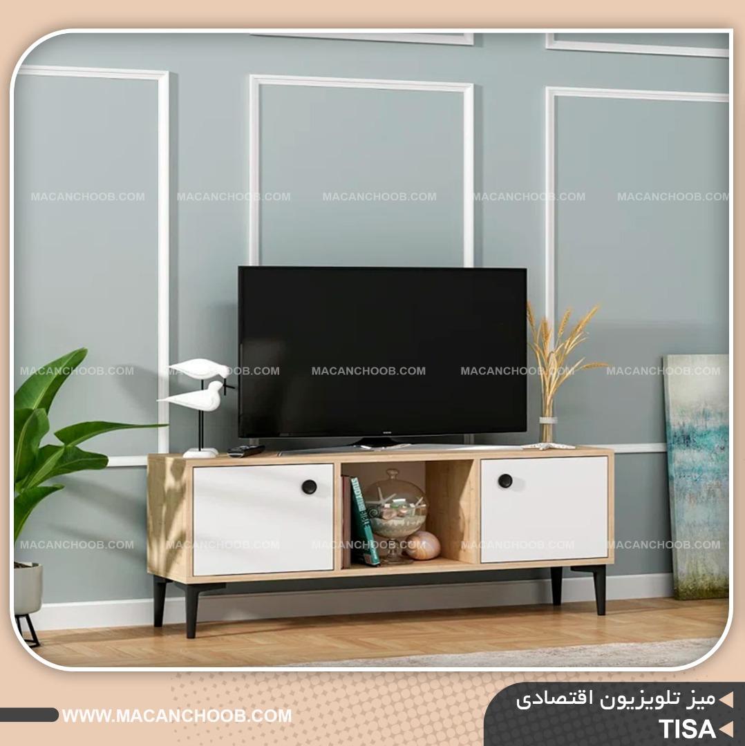 میز تلویزیون پایه چوبی درب دار و قفسه دار مدل TISA